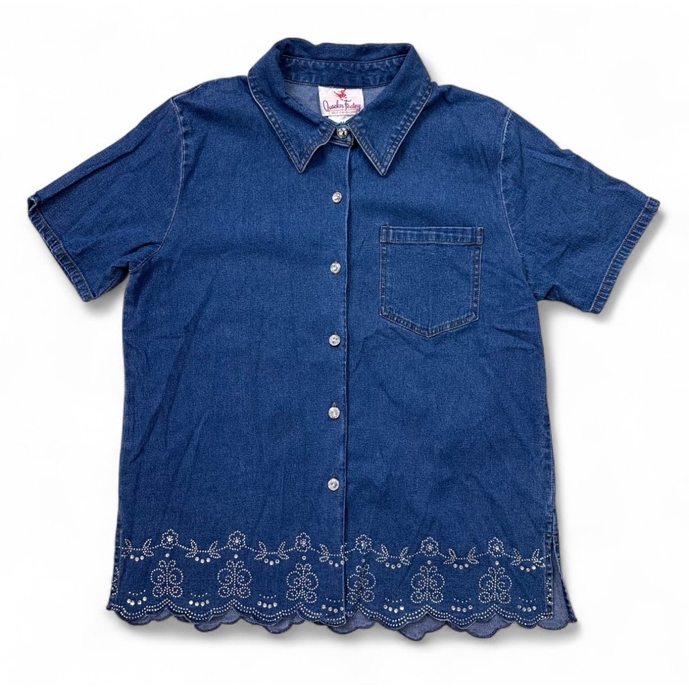 Vintage Quacker Factory Denim Rhinestone Button Up Short Sleeve‎ Shirt Cottage M